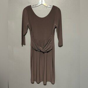 Clara Sun Woo Taupe Ruched Waist Dress XS 3/4 Sleeve Stretch Knit Midi